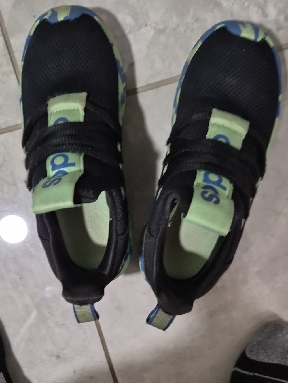 adidas Kids Black and Lime Green Camo-Trim Sneakers